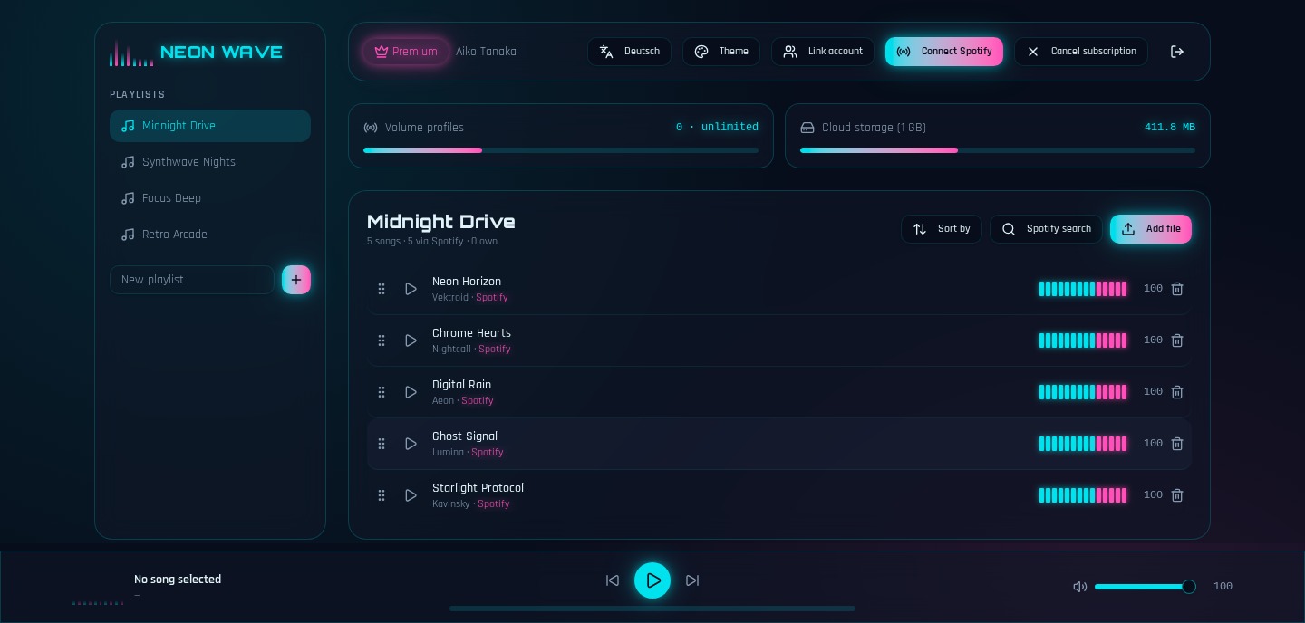 NEON WAVE music player console in Premium mode with playlists and tracks